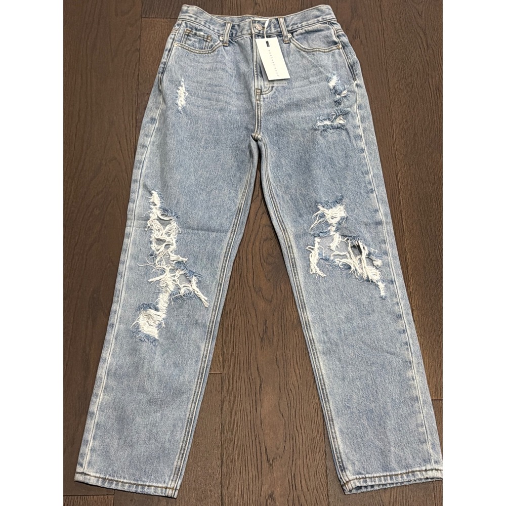 Endless Rose High Rise Distressed Straight Leg Jeans Light Wash Denim Size 28